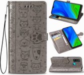 Voor Huawei P Smart 2020 Mooie Kat en Hond Embossing Patroon Horizontale Flip Leren Case, met Houder & Kaartsleuven & Portemonnee & Cartoon Sluiting & Lanyard (Grijs)