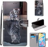 Gekleurde tekening Cross Texture Horizontale Flip PU lederen hoes met houder & kaartsleuven & portemonnee & lanyard voor iPhone 12/12 Pro (kat wordt tijger)