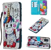 Voor Galaxy A41 - Leren hoesje met glitterpatroon met links en rechts met beugel en kaartsleuf en portemonnee en draagkoord (Star Unicorn)