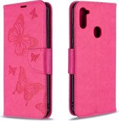 Voor Galaxy A11 Twee vlinders reliëfpatroon horizontaal Flip lederen tas met houder & kaartsleuf & portemonnee & lanyard (Rose Red)