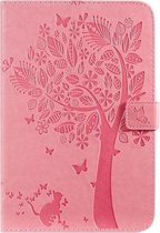 Voor iPad Mini 2019 & 4 & 3 & 2 & 1 Pressed Printing Cat and Tree Pattern Horizontale Flip lederen tas met houder & kaartsleuven & portemonnee (roze)