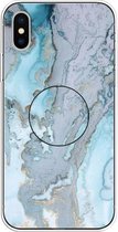 Voor iPhone XS Max reliëf gevernist marmer TPU beschermhoes met houder (zilverblauw)