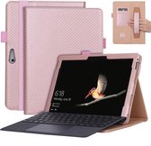 Voor Microsoft Surface Go 1/2 Koolstofvezel Stro Mat Textuur PU Leer Tablet PC Beschermhoes met Toetsenbordsleuf & Beugel & Handsteun & Kaartsleuven & Portemonnee-functie (Rose Goud)