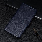 Voor Galaxy M30s Lace Flower Embossing Pattern Horizontale Flip lederen tas, met houder & kaartsleuven & portemonnee & fotolijst & lanyard (donkerblauw)