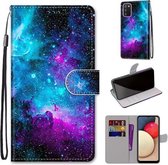 Voor Samsung Galaxy A02s / M02s Gekleurde tekening Cross Texture Horizontale Flip PU lederen hoes met houder & kaartsleuven & portemonnee & lanyard (paarsgroene sterrenhemel)