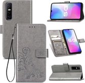 Voor vivo Y73S 5G vierbladige sluiting reliëf gesp mobiele telefoon bescherming lederen tas met lanyard & kaartsleuf & portemonnee & beugel functie (grijs)