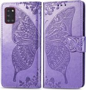 Voor Galaxy A31 Butterfly Love Flower reliëf horizontale flip lederen tas met beugel / kaartsleuf / portemonnee / lanyard (lichtpaars)