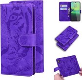 Voor Motorola Moto G8 Play / One Macro Tiger Embossing Pattern Horizontale Flip lederen tas met houder & kaartsleuven & portemonnee (paars)