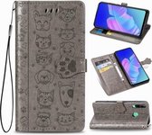 Voor Huawei Y7P / P40 Lite E Mooie Kat en Hond Embossing Patroon Horizontale Flip Leren Case met Houder & Kaartsleuven & Portemonnee & Cartoon Sluiting & Lanyard (Grijs)