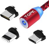 TOPK 2m 2.1A-uitgang USB naar 8-pins + USB-C / Type-C + Micro USB Mesh gevlochten magnetische oplaadkabel met LED-indicator (rood)