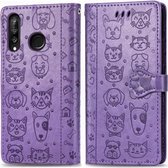 Voor Huawei P30 Lite / Nova 4e Leuke Kat en Hond Reliëf Horizontale Flip PU Leren Case met Houder / Kaartsleuf / Portemonnee / Lanyard (Lichtpaars)