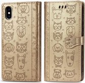 Voor iPhone XS Max Leuke kat en hond reliëf horizontale flip PU lederen tas met houder / kaartsleuf / portemonnee / lanyard (goud)