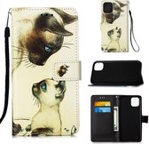 Voor iPhone 12/12 Pro Geschilderde lederen hoes met platte textuur met lanyard & kaartsleuf & portemonnee & houder (kat kijkt elkaar aan)