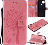 Voor Motorola Moto G9 Power Tree & Cat Pattern Pressed Printing Horizontale Flip PU lederen tas met houder & kaartsleuven & portemonnee & lanyard (roze)