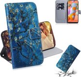 Voor Galaxy A11 & M11 Gekleurde tekening Horizontale flip lederen tas met houder & kaartsleuf & portemonnee (abrikoos)