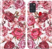 Voor Samsung Galaxy A21s 3D-schilderij Gekleurd tekeningpatroon Horizontaal Flip TPU + PU-lederen hoes met houder & kaartsleuven & portemonnee & lanyard (kleine rode bloem)