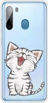 Voor Samsung Galaxy A21 schokbestendig geschilderd TPU beschermhoes (lachende kat)