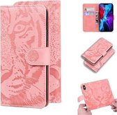 Voor iPhone 12 mini Tiger Embossing Pattern Horizontale Flip lederen hoes met houder & kaartsleuven & portemonnee (roze)