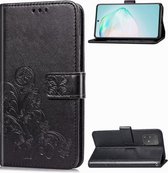 Voor Galaxy A91 vierbladige gesp reliëf gesp mobiele telefoon bescherming lederen tas met lanyard & kaartsleuf & portemonnee & beugel functie (zwart)