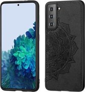 Voor Samsung Galaxy S21 5G Mandala reliëf stoffen hoes PC + TPU mobiele telefoonhoes met magnetische functie en draagriem (zwart)