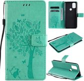 Voor OnePlus Nord N10 5G Tree & Cat Pattern Pressed Printing Horizontale Flip PU lederen hoes met houder & kaartsleuven & portemonnee & lanyard (groen)