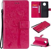 Voor Xiaomi Redmi Note 9 5G Tree & Cat Pattern Pressed Printing Horizontale Flip PU Leather Case met houder & kaartsleuven & portemonnee & Lanyard (Rose Red)