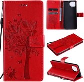 Voor OPPO F17 / A73 Tree & Cat Pattern Pressed Printing Horizontale Flip PU lederen tas met houder & kaartsleuven & portemonnee & lanyard (rood)