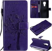 Voor Motorola Moto G9 Play Tree & Cat Pattern Pressed Printing Horizontale Flip PU lederen tas met houder & kaartsleuven & portemonnee & lanyard (paars)