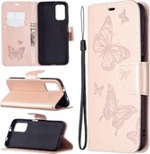 Voor Xiaomi Poco M3 Embossing Two Butterflies Pattern Horizontale Flip PU Leather Case met Houder & Card Slot & Wallet & Lanyard (Rose Gold)