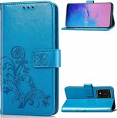 Voor Galaxy S20 Ultra vierbladige gesp reliëf gesp mobiele telefoon bescherming lederen tas met lanyard & kaartsleuf & portemonnee & beugel functie (blauw)