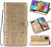 Voor Galaxy A71 5G schattige kat en hond reliëf horizontale flip lederen tas met beugel / kaartsleuf / portemonnee / lanyard (goud)