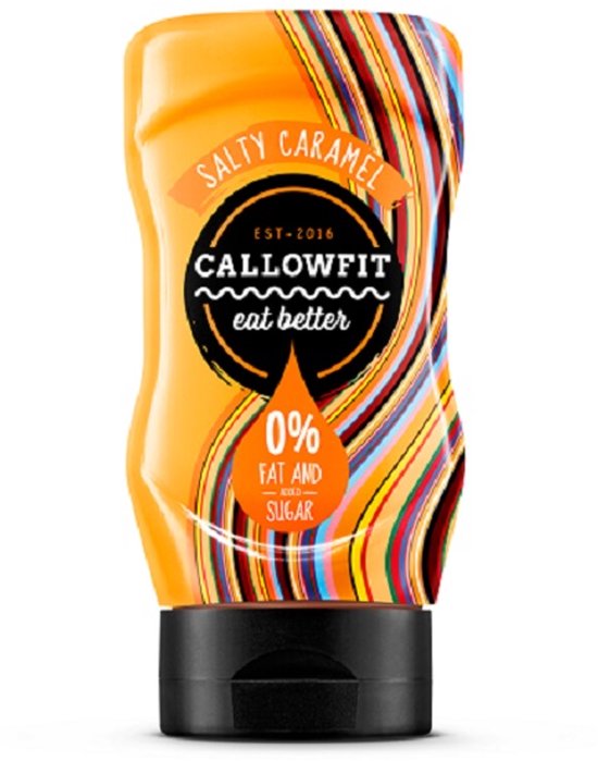Oranje fles met zwart dopje, met opdruk 'Salty Caramel', 'Callowfit', '0% fat and sugar'.