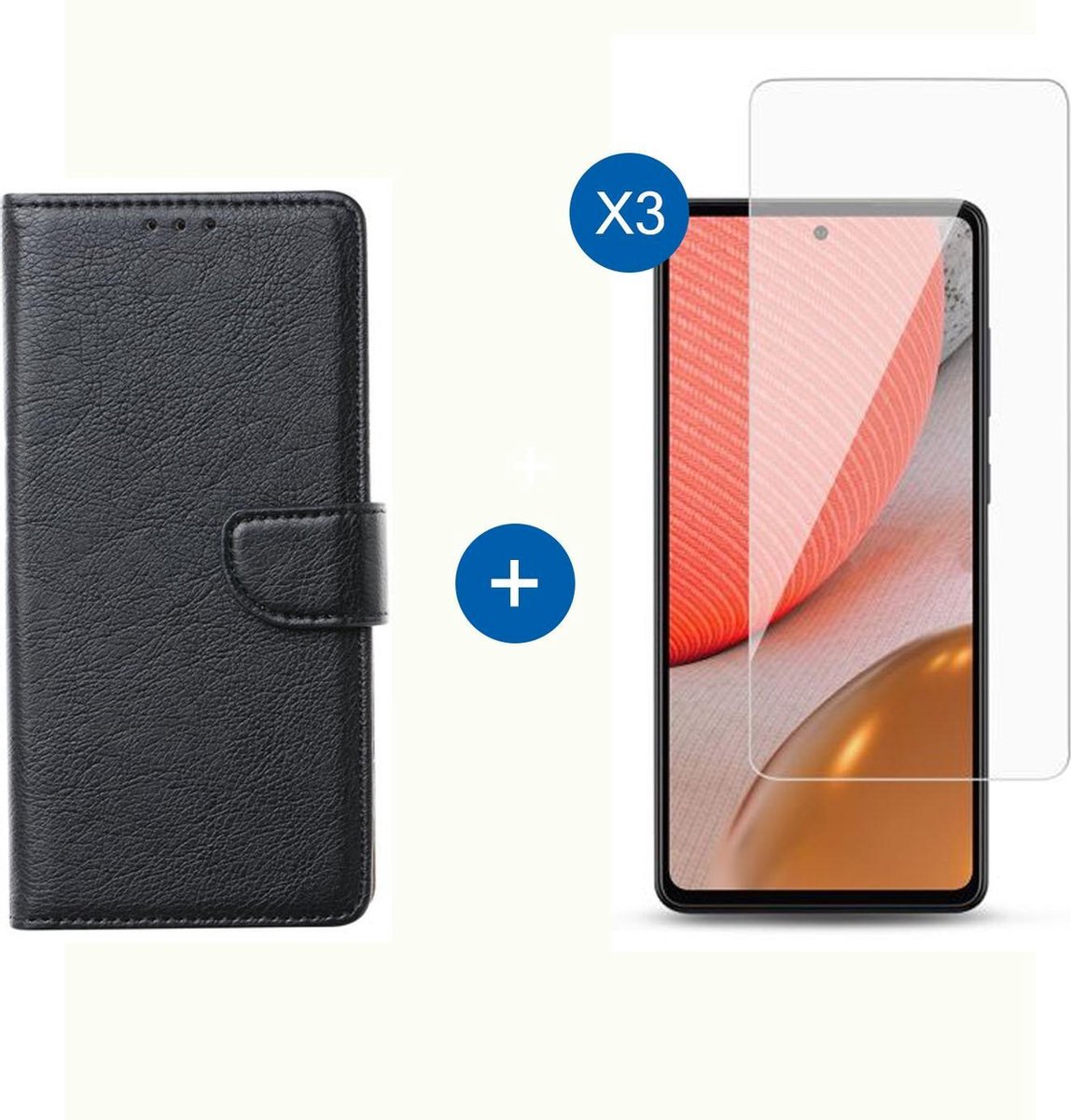 BixB Samsung A72 hoesje - Met 3x screenprotector / tempered glass - Book Case Wallet - Zwart