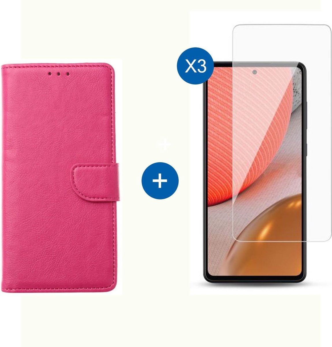 BixB Samsung A72 hoesje - Met 3x screenprotector / tempered glass - Book Case Wallet - Roze
