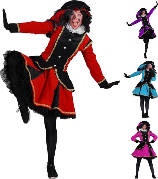 Vrouw in rood-zwart pietenpak met zwarte pruik en glitter. Meerdere kleuren pietenpakken getoond.