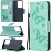 Voor Samsung Galaxy S21 Ultra 5G Embossing Twee Vlinders Patroon Horizontale Flip PU Lederen Case met Houder & Kaartsleuf & Portemonnee & Lanyard (Groen)