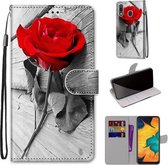 Voor Samsung Galaxy A30 & A20 Gekleurde tekening Cross Texture Horizontale Flip PU lederen tas met houder & kaartsleuven & portemonnee & lanyard (rode roos op hout)