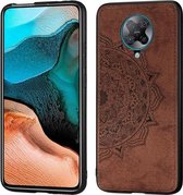 Voor xiaomi redmi k30 pro mandala reliëf stoffen hoes pc + tpu gsm-hoesje met magnetische functie en draagriem (bruin)