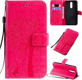 Voor Xiaomi Redmi 8 Tree & Cat Pattern Pressed Printing Horizontale Flip PU Leather Case met houder & kaartsleuven & portemonnee & Lanyard (Rose Red)
