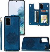 Voor Samsung Galaxy S20 FE Mandala reliëf PU + TPU hoesje met houder & kaartsleuven & fotolijst & draagriem (blauw)