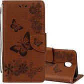 Voor Galaxy J7 (2017) (EU-versie) Geperste bloemen Vlinderpatroon Horizontale flip lederen hoes met houder & kaartsleuven & portemonnee & lanyard (bruin)