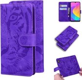 Voor Xiaomi Mi A3 / CC9e Tiger Embossing Pattern Horizontale Flip lederen tas met houder & kaartsleuven & portemonnee (paars)