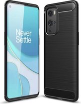 Voor OnePlus 9 Pro TPU Case met geborstelde textuur koolstofvezel (zwart)