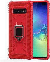 Voor Galaxy S10 koolstofvezel beschermhoes met 360 graden roterende ringhouder (rood)