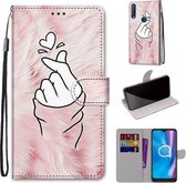 Voor Alcatel 1S (2020) / 3L (2020) Gekleurde tekening Cross Texture Horizontale Flip PU lederen tas met houder & kaartsleuven & portemonnee & lanyard (Pink Hands Heart)