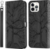 Life of Tree Embossing Pattern Horizontale flip lederen hoes met houder & kaartsleuf & portemonnee & fotolijst & lanyard voor iPhone 12 Pro Max (zwart)