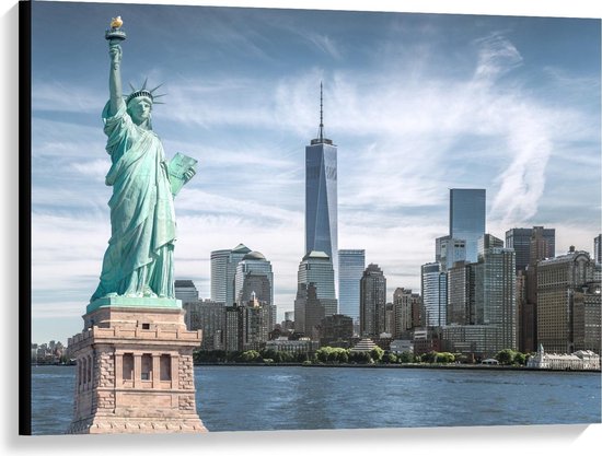 Canvas  - Vrijheidsbeeld met New York Skyline - 100x75cm Foto op Canvas Schilderij (Wanddecoratie op Canvas)