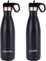 DRINKONLOVE - LOVER AND FIGHTER - RVS - 2x 500ml  -  2x Drinkfles - Thermosfles met rietje en draaidop - Valentijn voor hem en haar