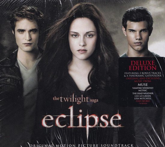 La pochette du CD de la bande originale de Twilight Saga : Eclipse, édition de luxe, avec les acteurs Robert Pattinson, Kristen Stewart et Taylor Lautner.