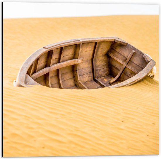 Dibond - Vissersbootje vast in Woestijn - 50x50cm Foto op Aluminium (Wanddecoratie van metaal)